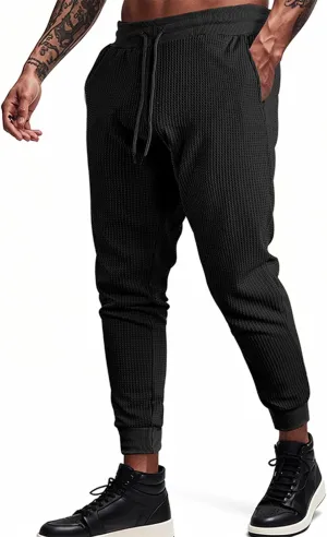 Men's Waffle Pants Slim Fit Drawstring Pant Casual Tapered Jogger with Pockets Summer Gym Sweatpants for Men