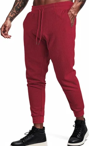 Men's Waffle Pants Slim Fit Drawstring Pant Casual Tapered Jogger with Pockets Summer Gym Sweatpants for Men
