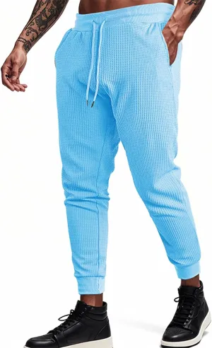 Men's Waffle Pants Slim Fit Drawstring Pant Casual Tapered Jogger with Pockets Summer Gym Sweatpants for Men