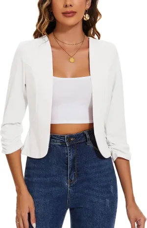 MINTLIMIT Cropped Blazers for Women 3/4 Ruched Sleeve Open Front Blazer Jackets Collarless Lightweight Casual Cardigan Jacket,White,2XL