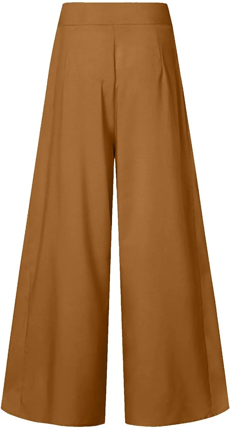 Miyaomn Trendy Flowy Pants for Women Casual High Waist Wide Leg Palazzo Pants Pleated Front Dress Trousers Plus Size Culottes