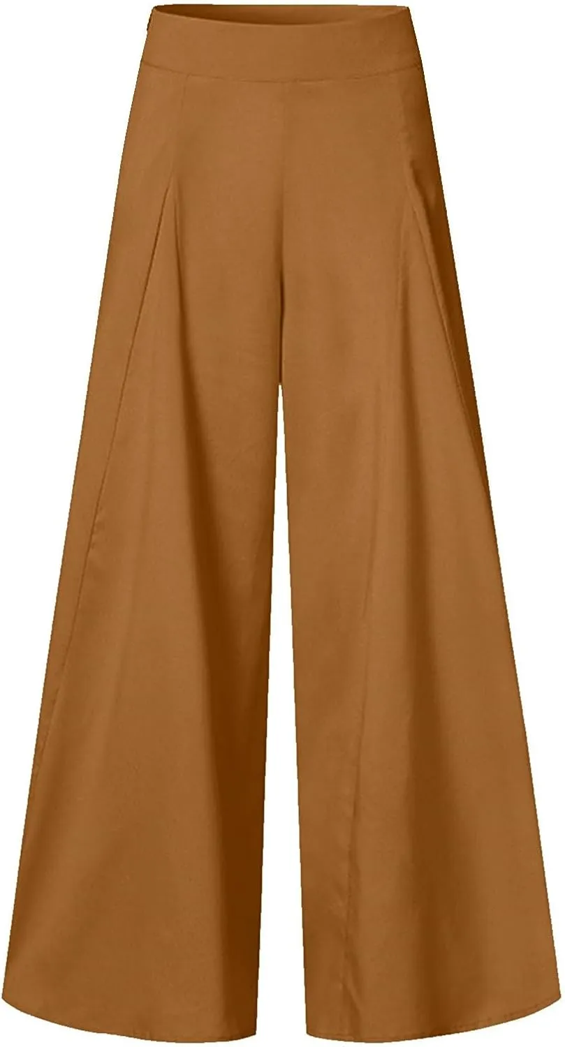 Miyaomn Trendy Flowy Pants for Women Casual High Waist Wide Leg Palazzo Pants Pleated Front Dress Trousers Plus Size Culottes