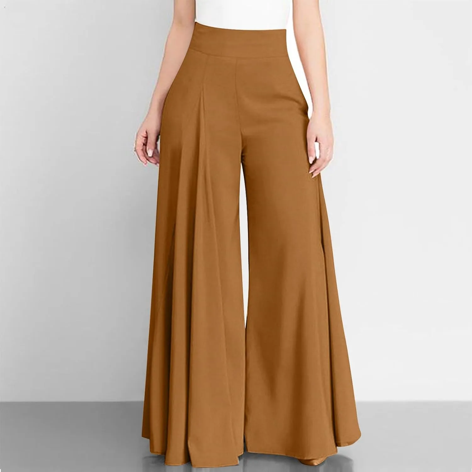 Miyaomn Trendy Flowy Pants for Women Casual High Waist Wide Leg Palazzo Pants Pleated Front Dress Trousers Plus Size Culottes