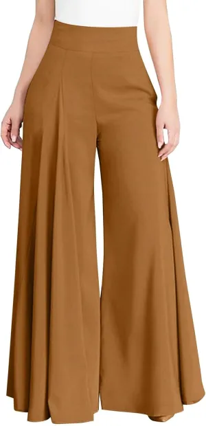 Miyaomn Trendy Flowy Pants for Women Casual High Waist Wide Leg Palazzo Pants Pleated Front Dress Trousers Plus Size Culottes