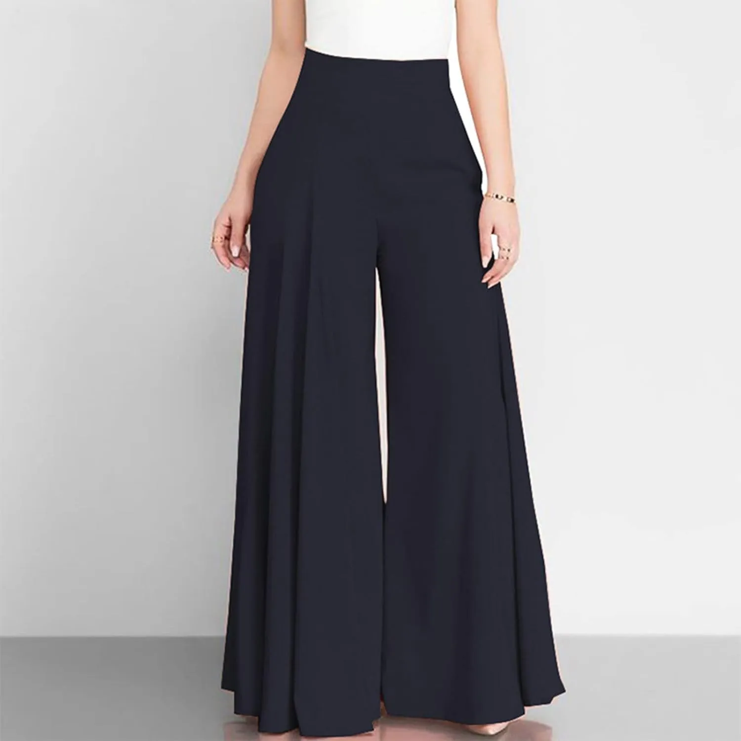 Miyaomn Trendy Flowy Pants for Women Casual High Waist Wide Leg Palazzo Pants Pleated Front Dress Trousers Plus Size Culottes