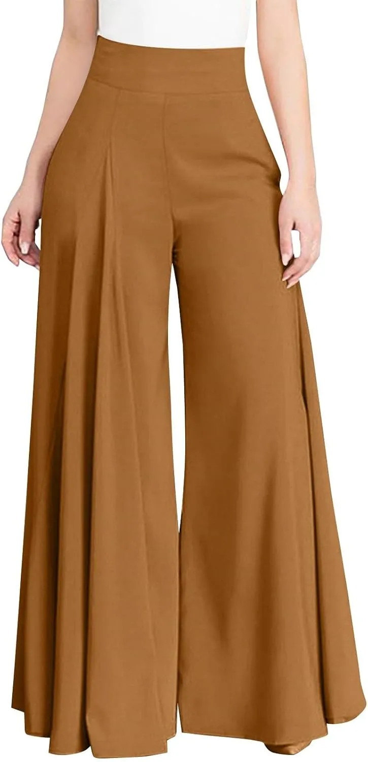 Miyaomn Trendy Flowy Pants for Women Casual High Waist Wide Leg Palazzo Pants Pleated Front Dress Trousers Plus Size Culottes