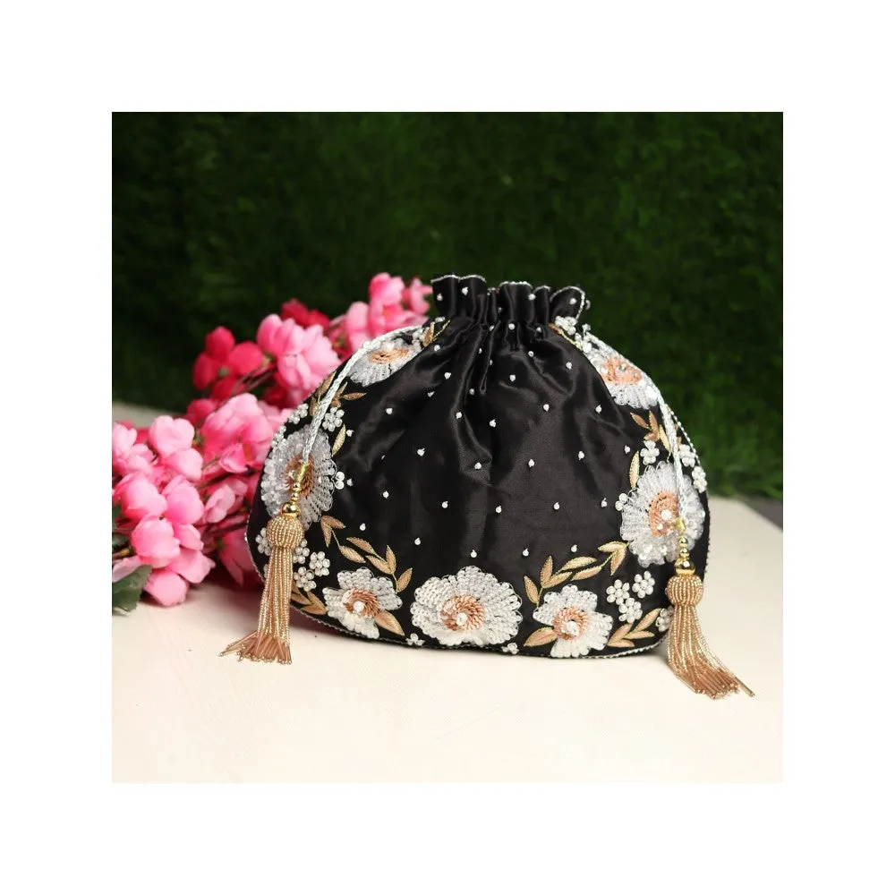 Modarta By Kamakshi Black Purse Hand Embroidered with Floral Artwork