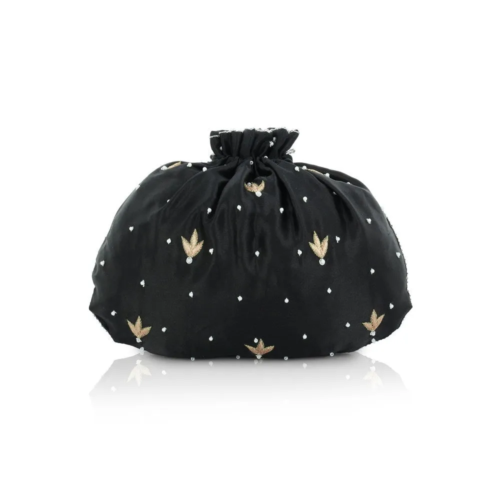 Modarta By Kamakshi Black Purse Hand Embroidered with Floral Artwork