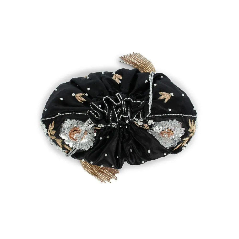 Modarta By Kamakshi Black Purse Hand Embroidered with Floral Artwork
