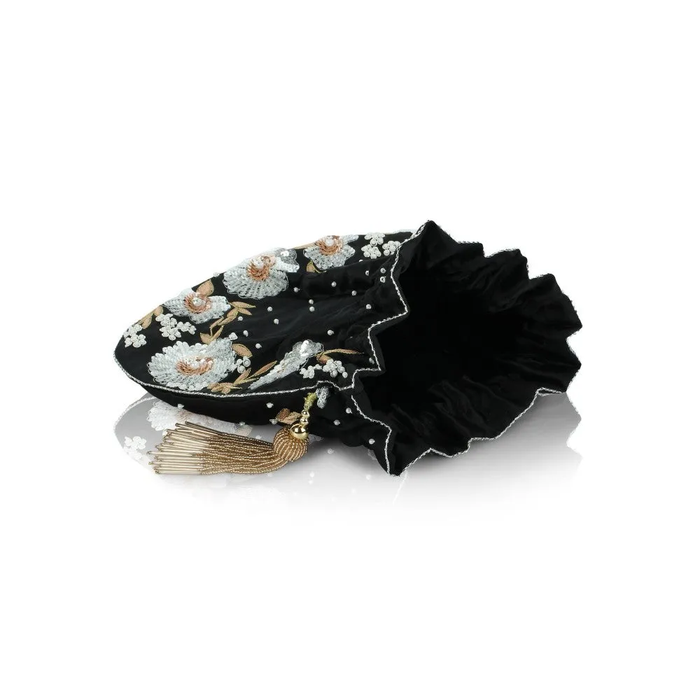 Modarta By Kamakshi Black Purse Hand Embroidered with Floral Artwork