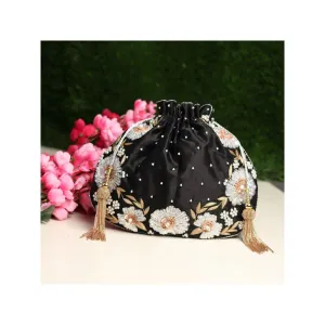 Modarta By Kamakshi Black Purse Hand Embroidered with Floral Artwork