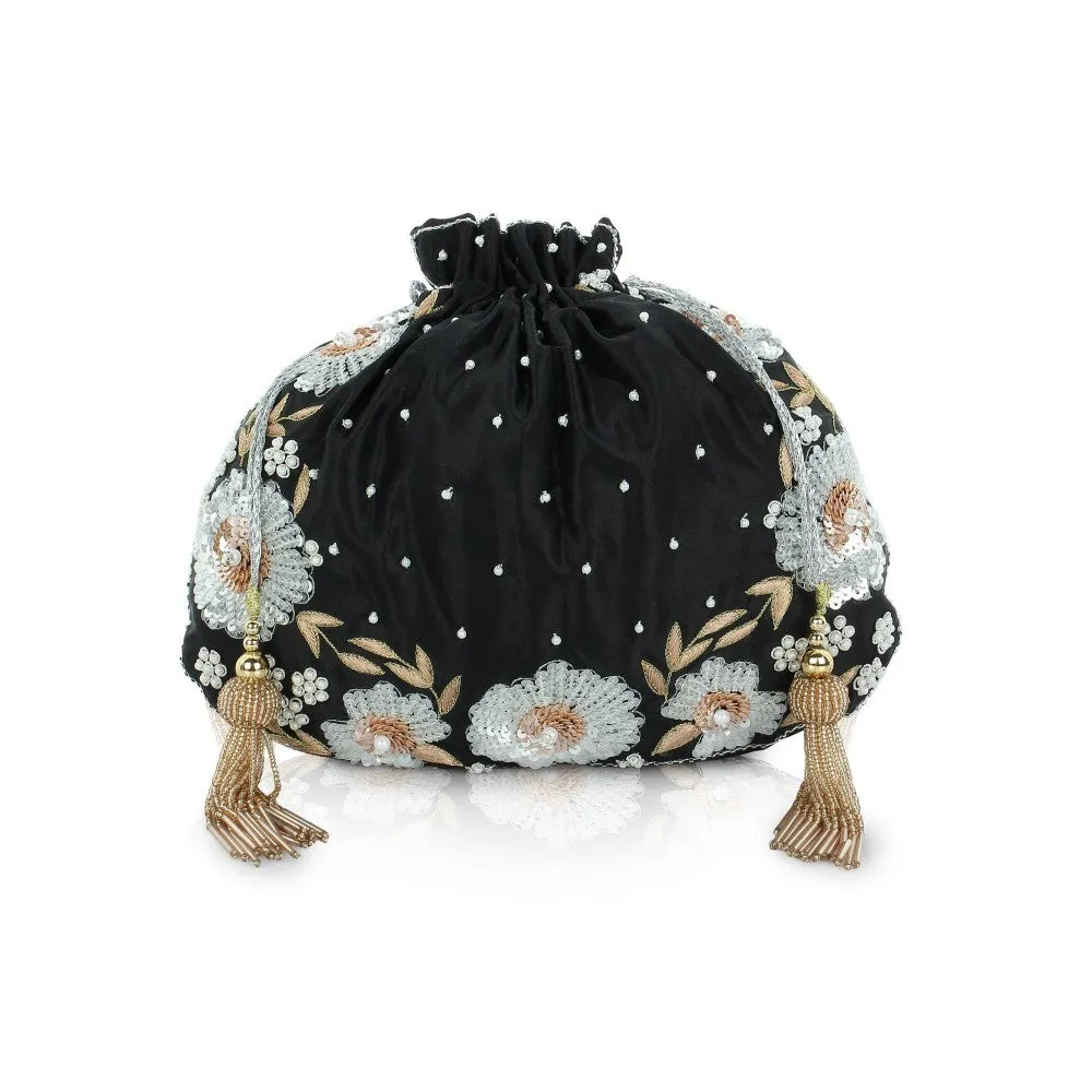 Modarta By Kamakshi Black Purse Hand Embroidered with Floral Artwork