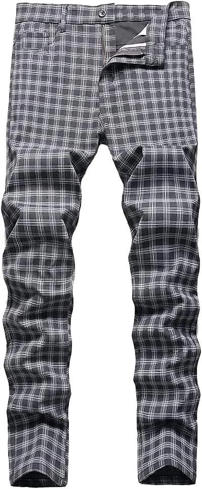 Mywinway Mens Casual Plaid Dress Pants: Stretch Skinny Busniss Slim Fit Chinos Pants