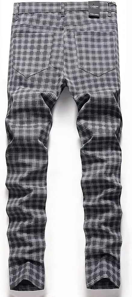 Mywinway Mens Casual Plaid Dress Pants: Stretch Skinny Busniss Slim Fit Chinos Pants