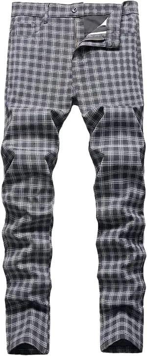 Mywinway Mens Casual Plaid Dress Pants: Stretch Skinny Busniss Slim Fit Chinos Pants