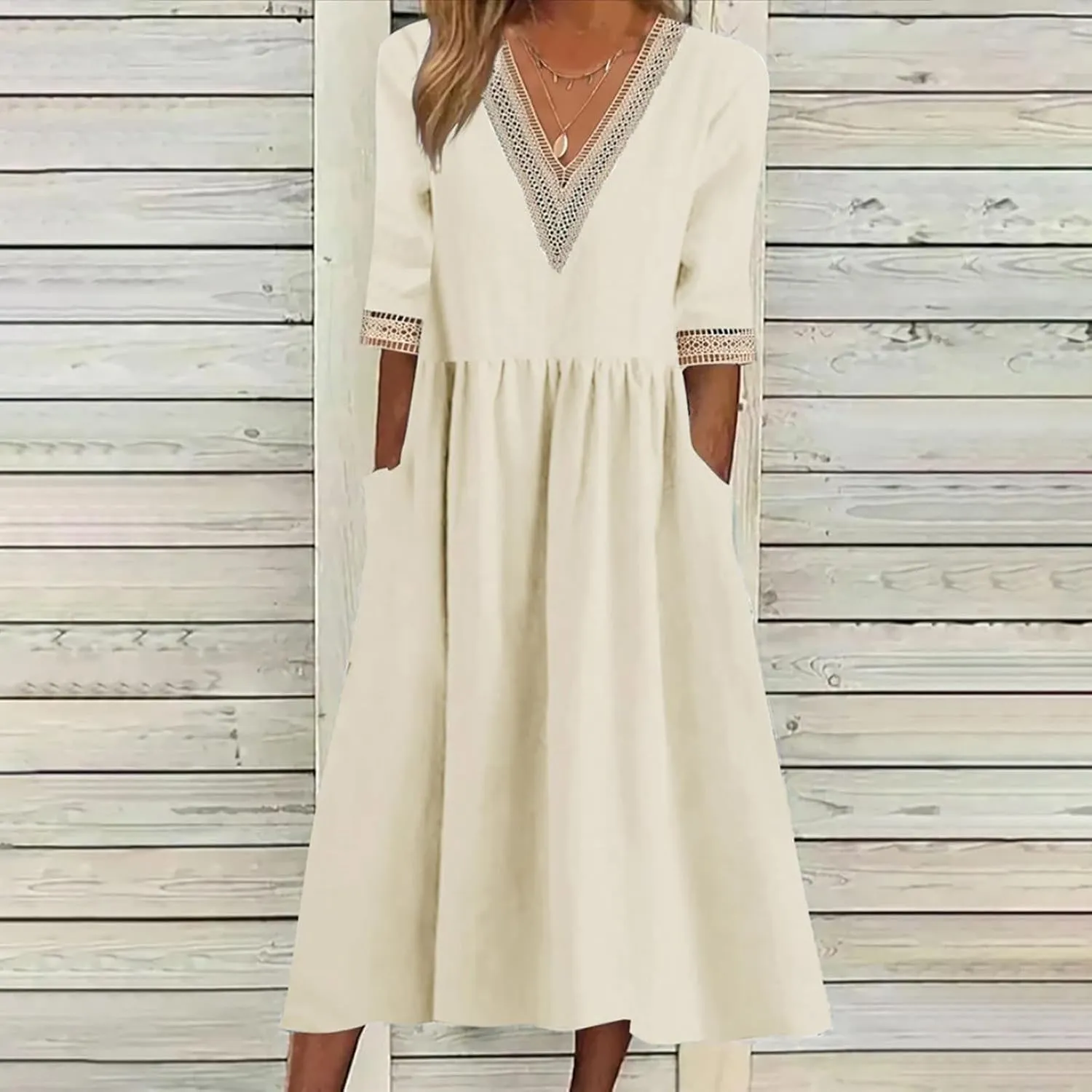 NaRHbrg Women Half Sleeve Dress Contrast Casual Pockets Party Swing Sundress Boho V Neck Flowy A Line Midi Dresses Work Dress