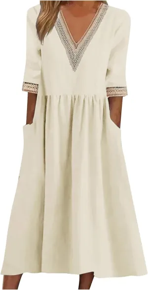 NaRHbrg Women Half Sleeve Dress Contrast Casual Pockets Party Swing Sundress Boho V Neck Flowy A Line Midi Dresses Work Dress