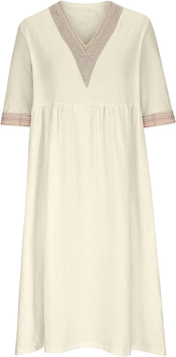 NaRHbrg Women Half Sleeve Dress Contrast Casual Pockets Party Swing Sundress Boho V Neck Flowy A Line Midi Dresses Work Dress