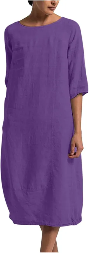 NaRHbrg Women's Cotton Linen Dresses Casual Loose Bohemian Dresses Short Sleeve Summer Beach Swing Dress Solid Color Sundress