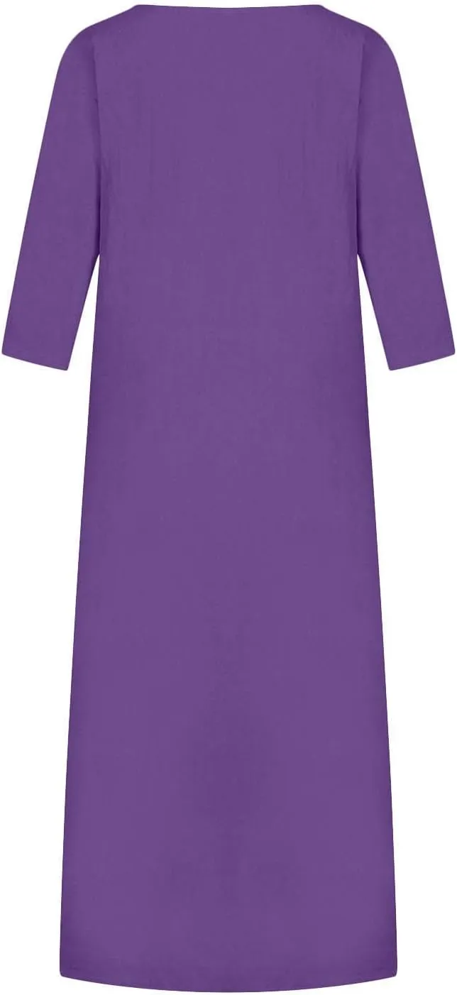 NaRHbrg Women's Cotton Linen Dresses Casual Loose Bohemian Dresses Short Sleeve Summer Beach Swing Dress Solid Color Sundress