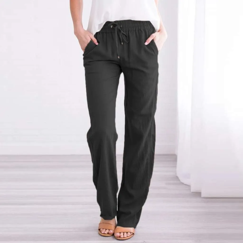 NATHGAM Women's Stretchy Wide Leg Palazzo Lounge Pants Casual Comfy High Waist Straight Leg Trouser Summer Cotton Linen Pants