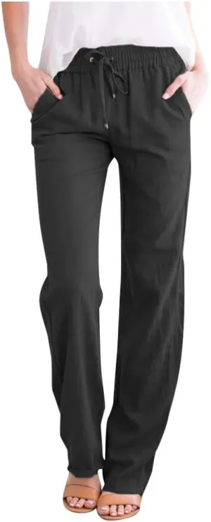 NATHGAM Women's Stretchy Wide Leg Palazzo Lounge Pants Casual Comfy High Waist Straight Leg Trouser Summer Cotton Linen Pants