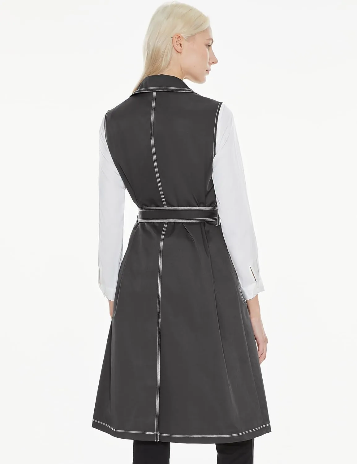 Orolay Women's Lightweight Sleeveless Vest Double Breasted Trench Coat Office Long Blazer Jacket with Belt