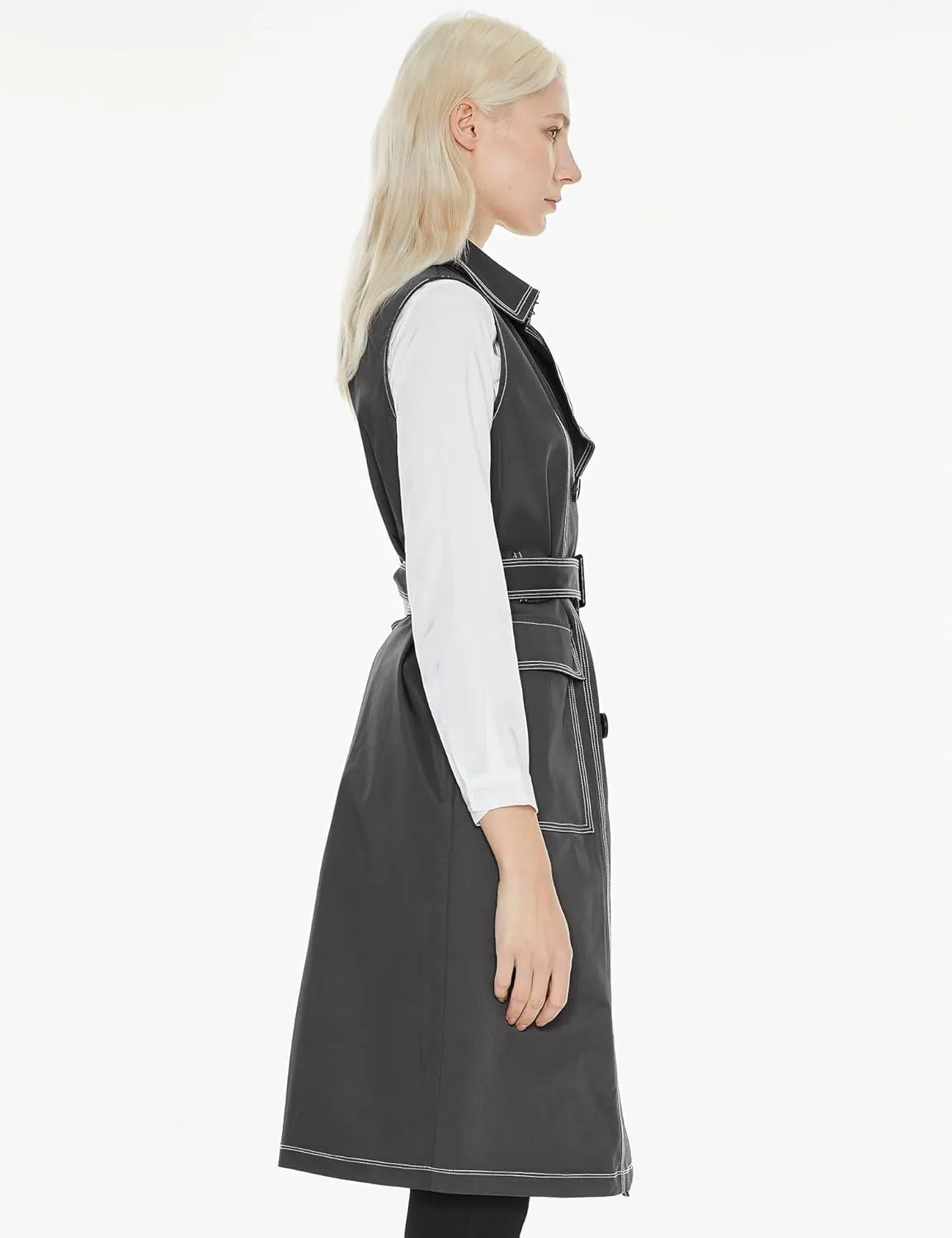 Orolay Women's Lightweight Sleeveless Vest Double Breasted Trench Coat Office Long Blazer Jacket with Belt