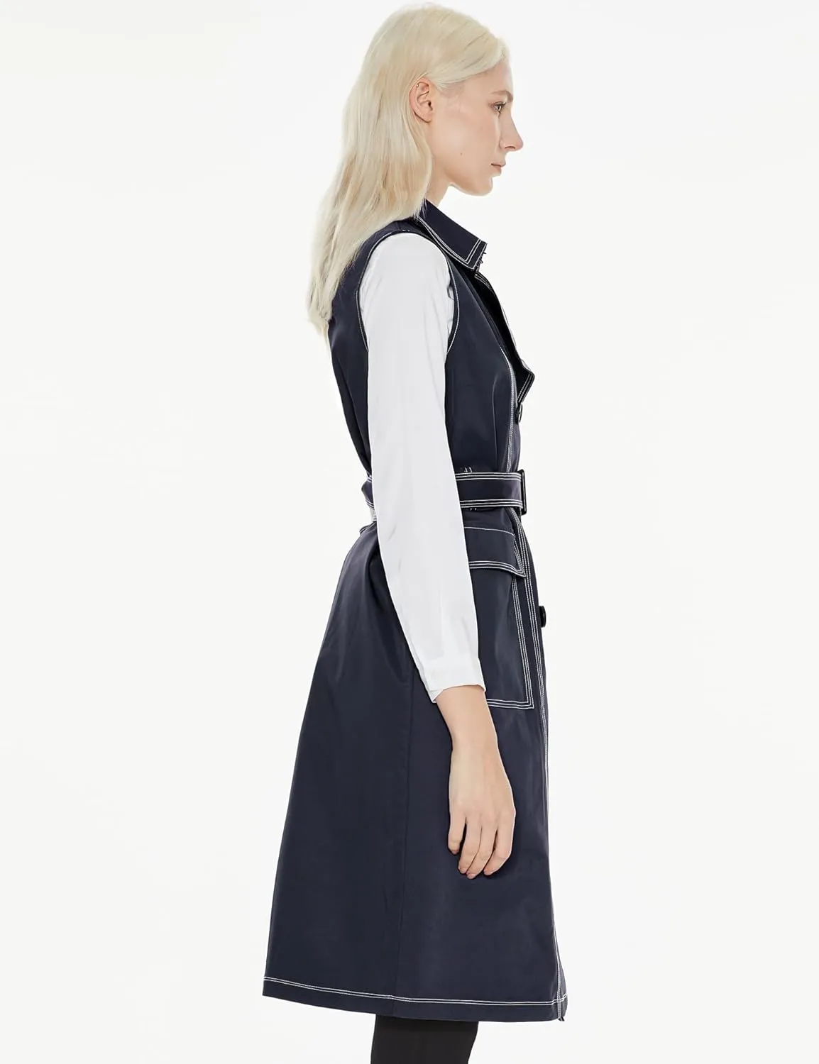 Orolay Women's Lightweight Sleeveless Vest Double Breasted Trench Coat Office Long Blazer Jacket with Belt