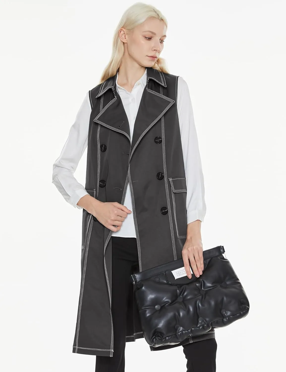 Orolay Women's Lightweight Sleeveless Vest Double Breasted Trench Coat Office Long Blazer Jacket with Belt