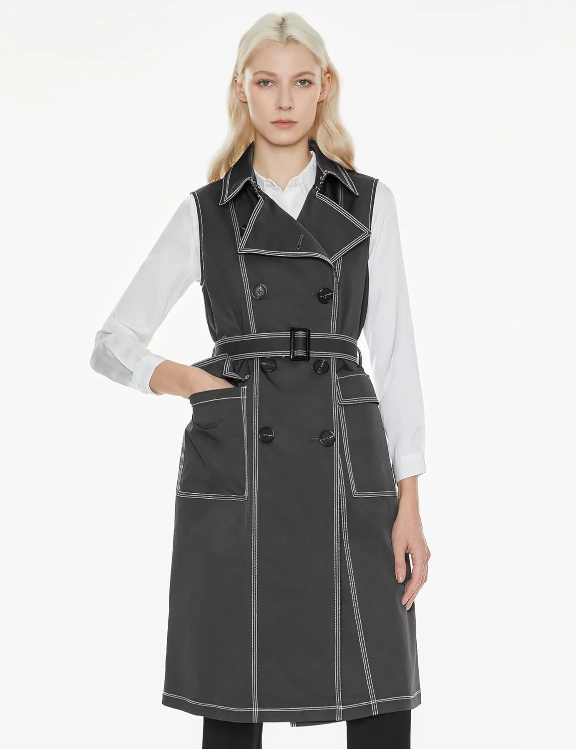 Orolay Women's Lightweight Sleeveless Vest Double Breasted Trench Coat Office Long Blazer Jacket with Belt