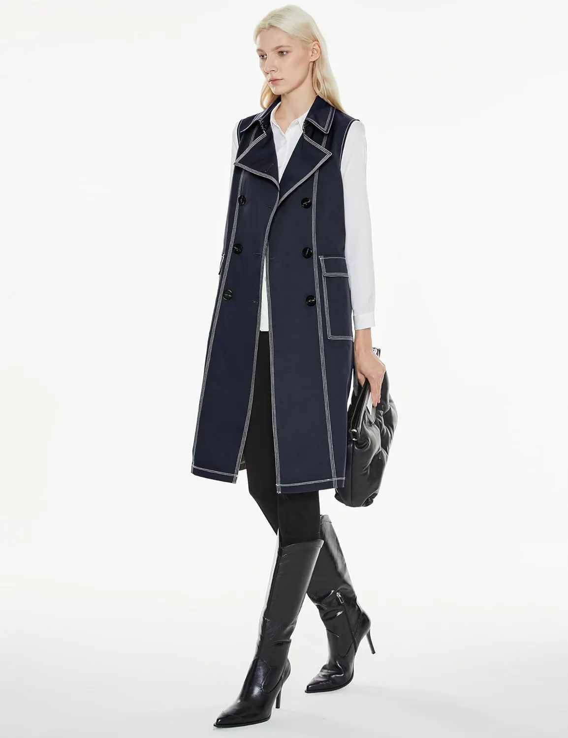 Orolay Women's Lightweight Sleeveless Vest Double Breasted Trench Coat Office Long Blazer Jacket with Belt