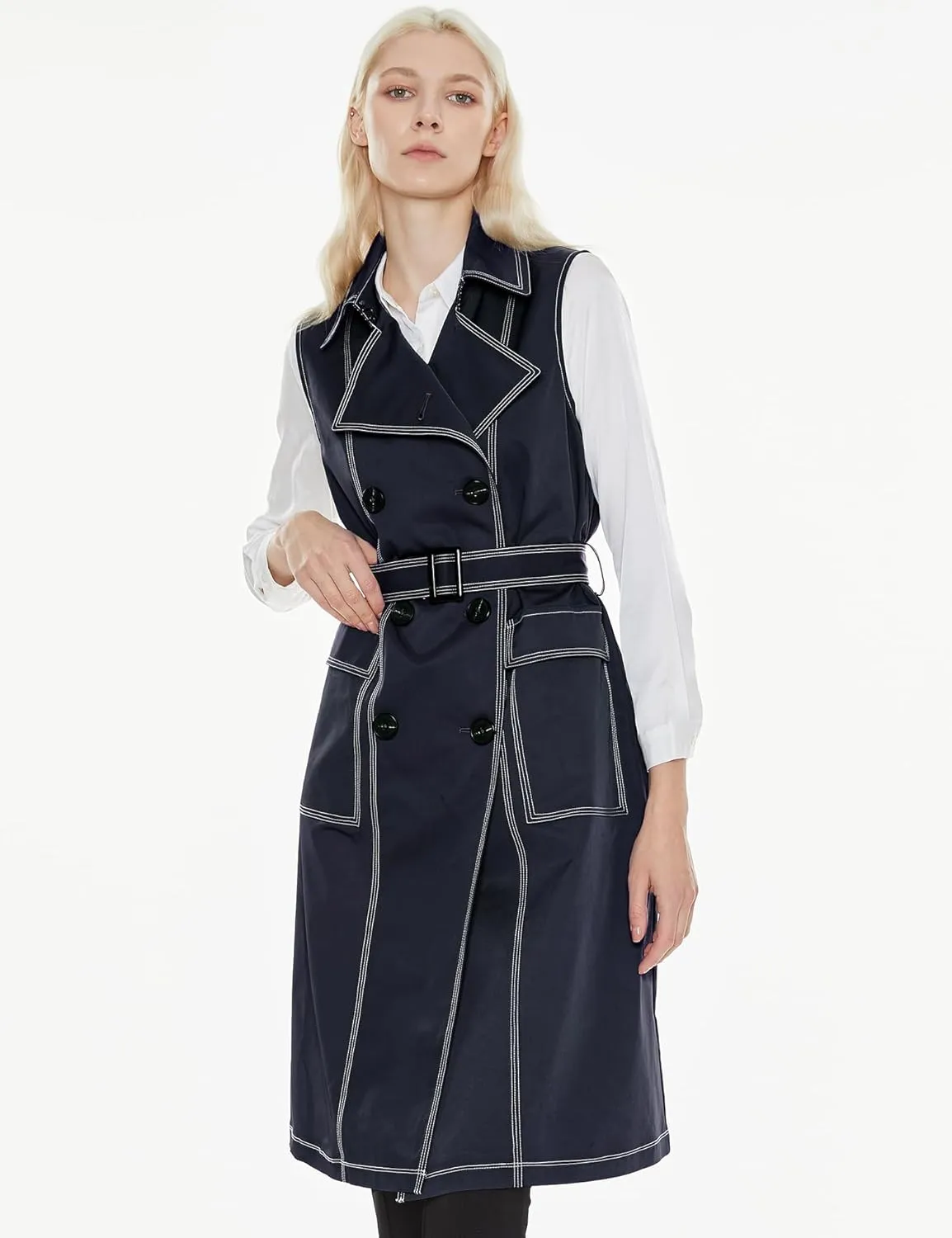 Orolay Women's Lightweight Sleeveless Vest Double Breasted Trench Coat Office Long Blazer Jacket with Belt