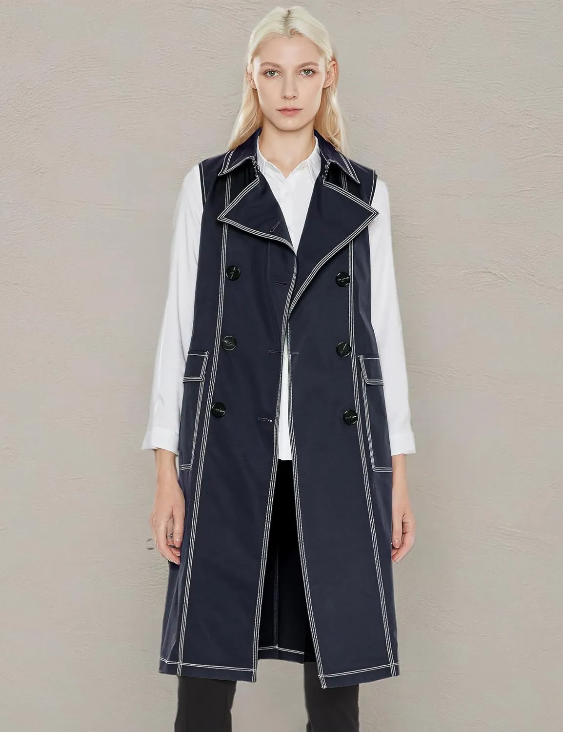 Orolay Women's Lightweight Sleeveless Vest Double Breasted Trench Coat Office Long Blazer Jacket with Belt