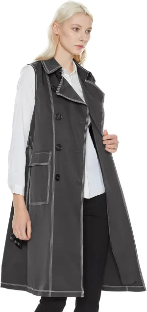 Orolay Women's Lightweight Sleeveless Vest Double Breasted Trench Coat Office Long Blazer Jacket with Belt