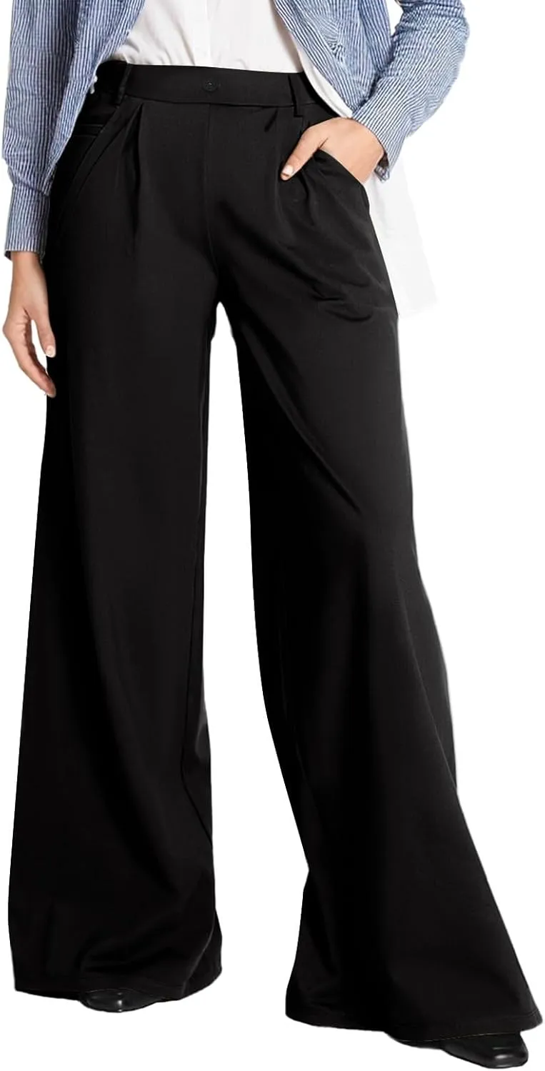 Palazzo Pants for Women Dressy Casual Wedding High Waisted Wide Leg Dress Pants Comfy Work Trousers with Pockets