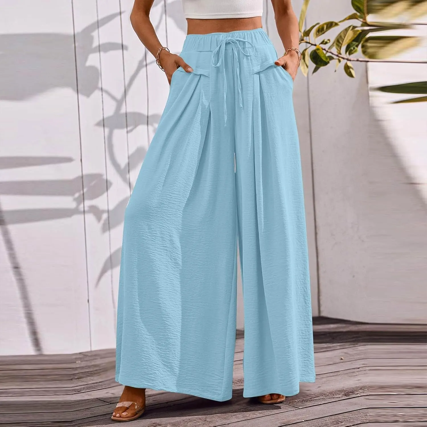 Palooza Wide Leg Pants Women Elastic Waisted Chiffon Baggy Flowy Long Lounge Trousers Beach Vacation Pant with Pockets