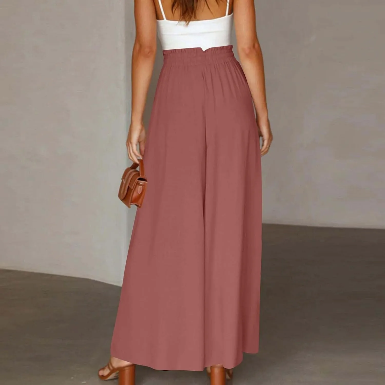 Palooza Wide Leg Pants Women Elastic Waisted Chiffon Baggy Flowy Long Lounge Trousers Beach Vacation Pant with Pockets