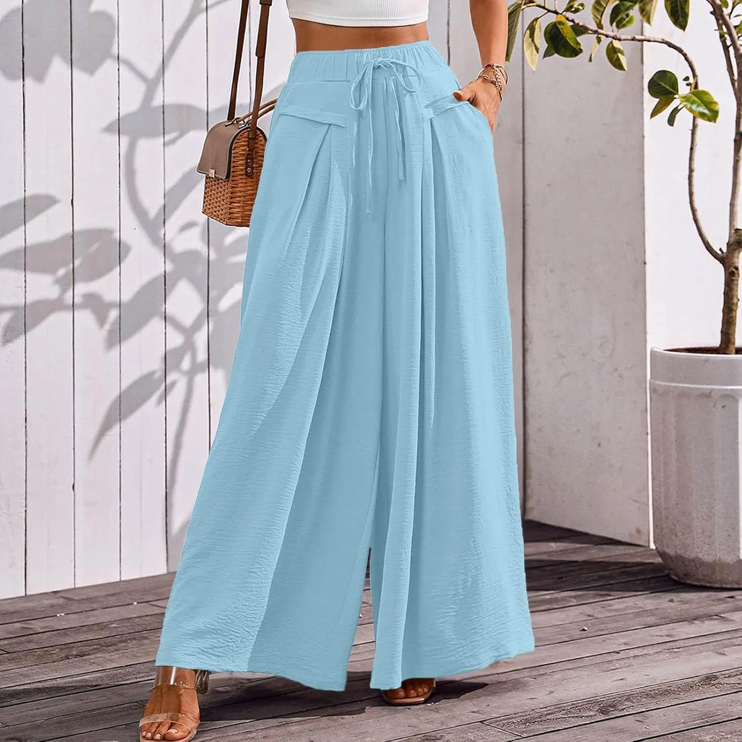 Palooza Wide Leg Pants Women Elastic Waisted Chiffon Baggy Flowy Long Lounge Trousers Beach Vacation Pant with Pockets