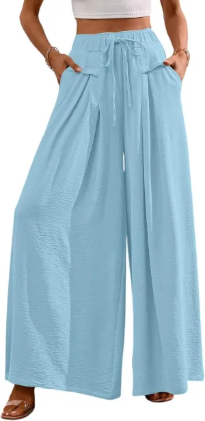Palooza Wide Leg Pants Women Elastic Waisted Chiffon Baggy Flowy Long Lounge Trousers Beach Vacation Pant with Pockets