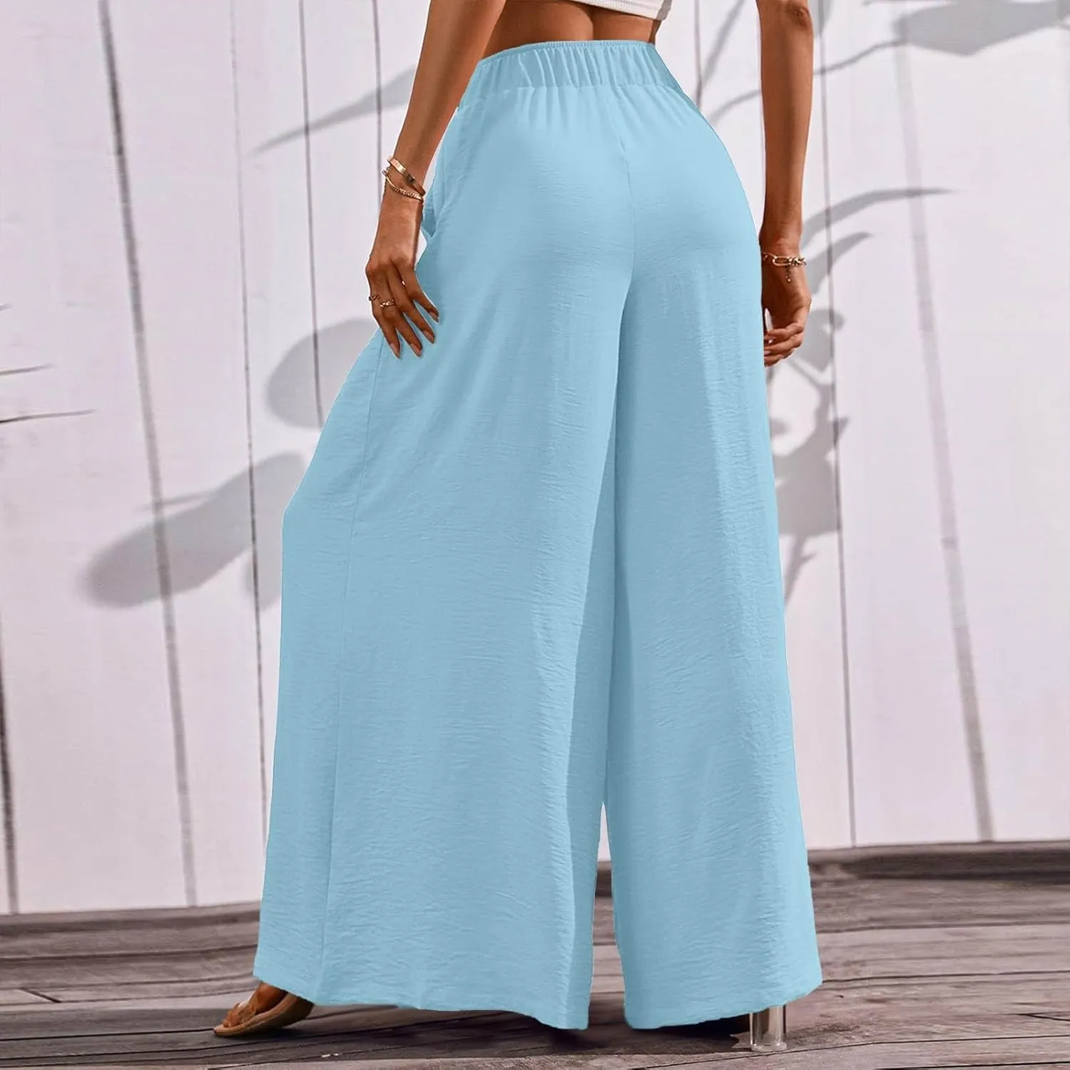 Palooza Wide Leg Pants Women Elastic Waisted Chiffon Baggy Flowy Long Lounge Trousers Beach Vacation Pant with Pockets