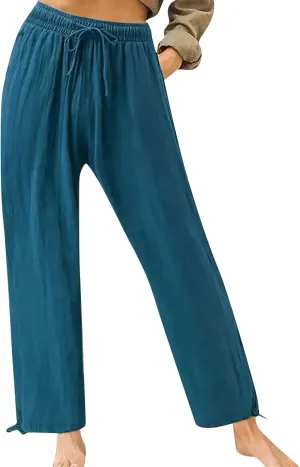 Pants for Women Cotton Linen Casual Summer 2025 Straight Leg Loose Drawstring Elastic Waist Cropped Trouser Plus Size