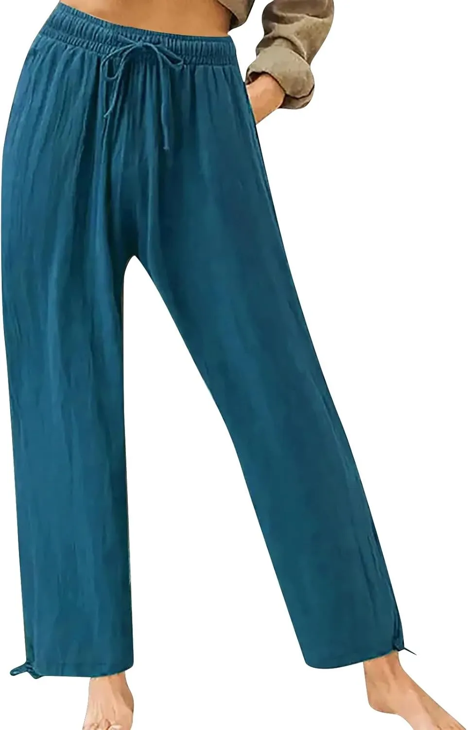 Pants for Women Cotton Linen Casual Summer 2025 Straight Leg Loose Drawstring Elastic Waist Cropped Trouser Plus Size