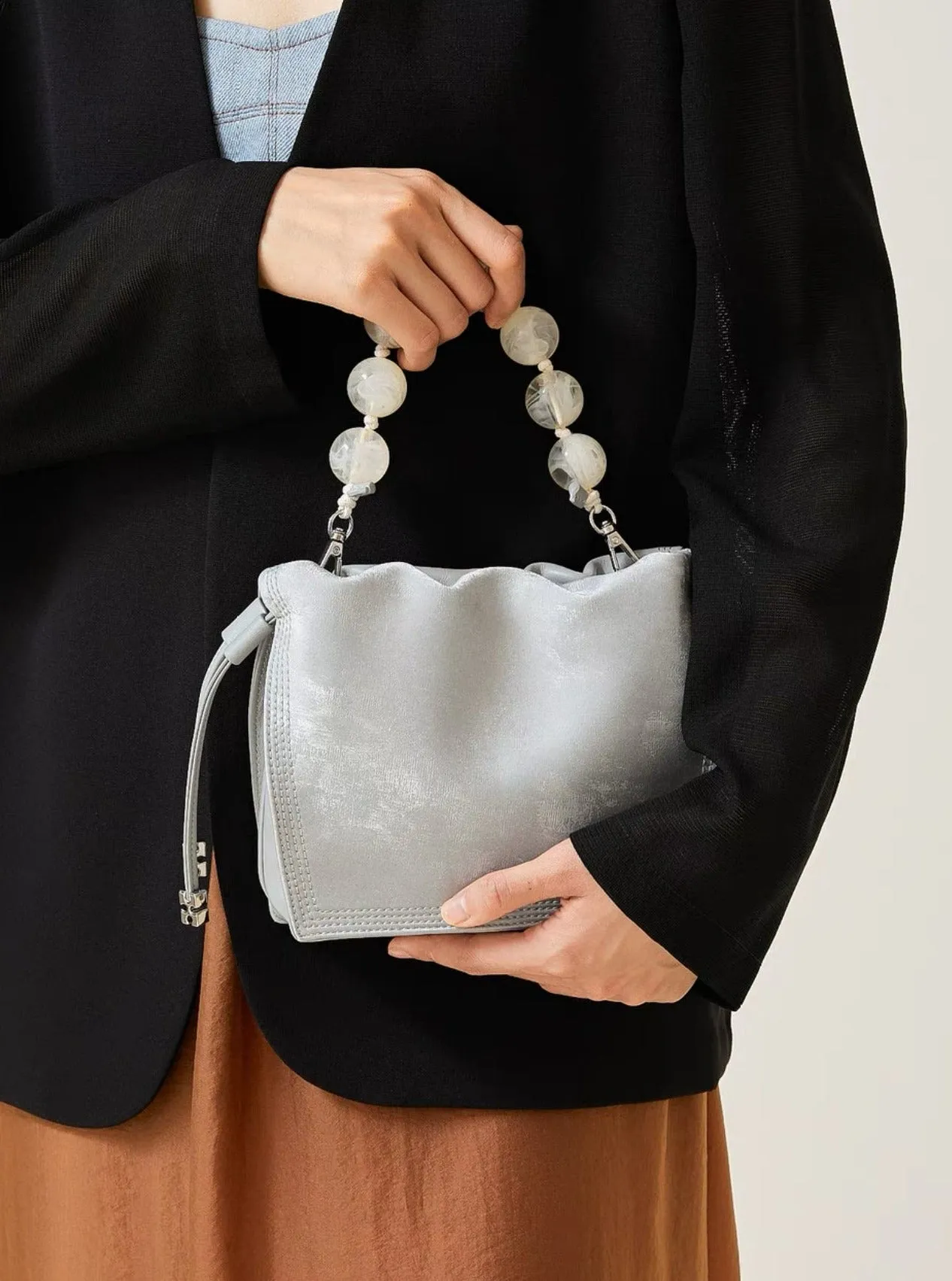Pearl Handle and Luxurious Glossy Leather Tote Bags Shoulder Bags