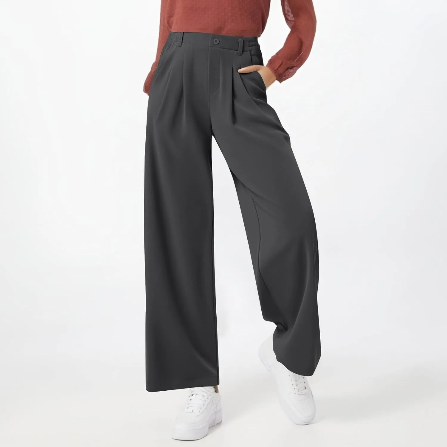 Petite Dress Pants for Women Wide Leg Palazzo Pants Business Casual Elastic High Waisted Work Pant with Pockets