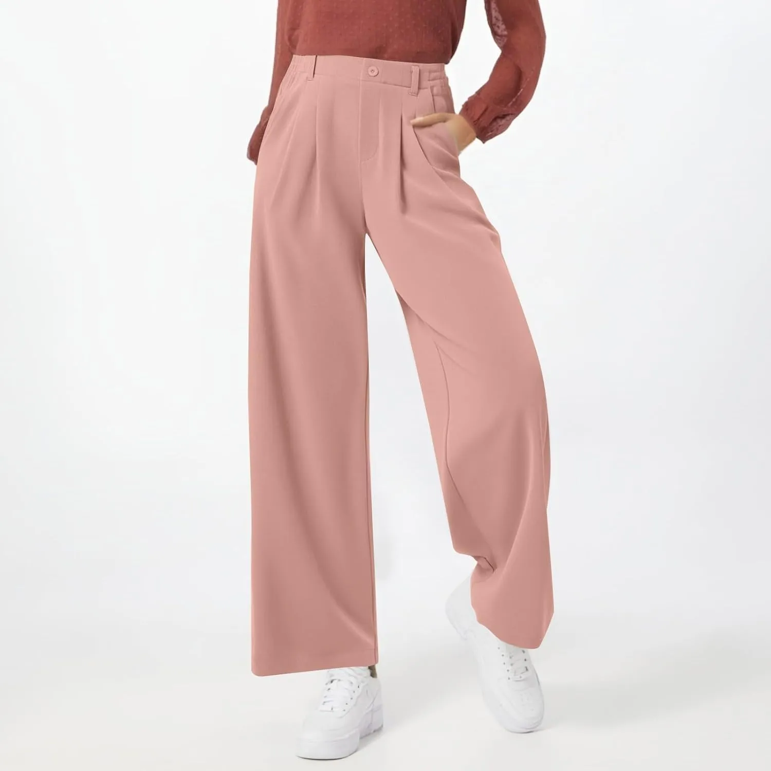 Petite Dress Pants for Women Wide Leg Palazzo Pants Business Casual Elastic High Waisted Work Pant with Pockets