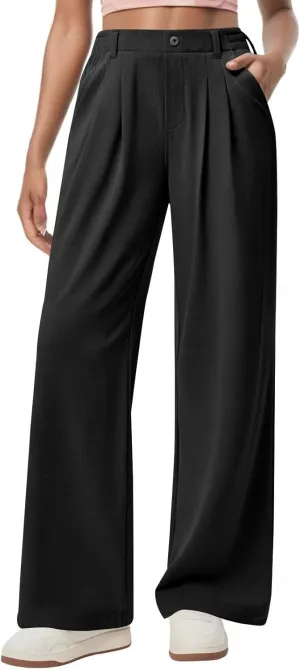 Petite Dress Pants for Women Wide Leg Palazzo Pants Business Casual Elastic High Waisted Work Pant with Pockets