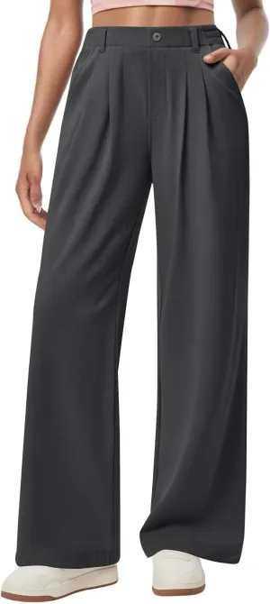 Petite Dress Pants for Women Wide Leg Palazzo Pants Business Casual Elastic High Waisted Work Pant with Pockets