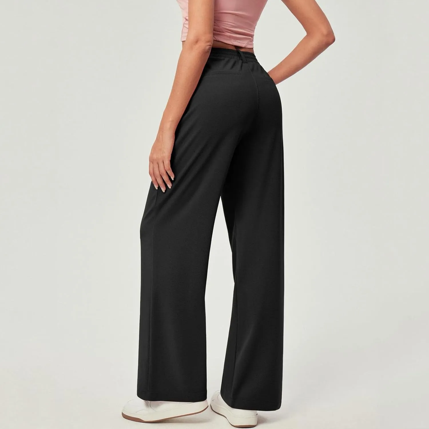 Petite Dress Pants for Women Wide Leg Palazzo Pants Business Casual Elastic High Waisted Work Pant with Pockets