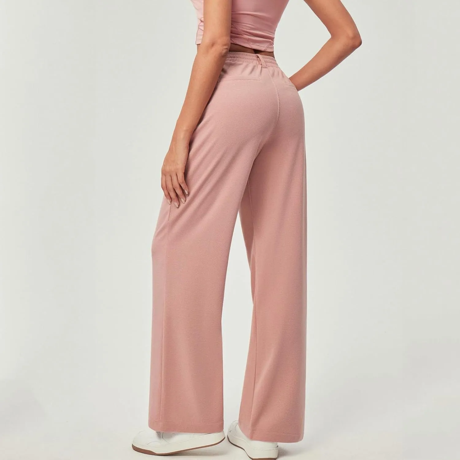 Petite Dress Pants for Women Wide Leg Palazzo Pants Business Casual Elastic High Waisted Work Pant with Pockets